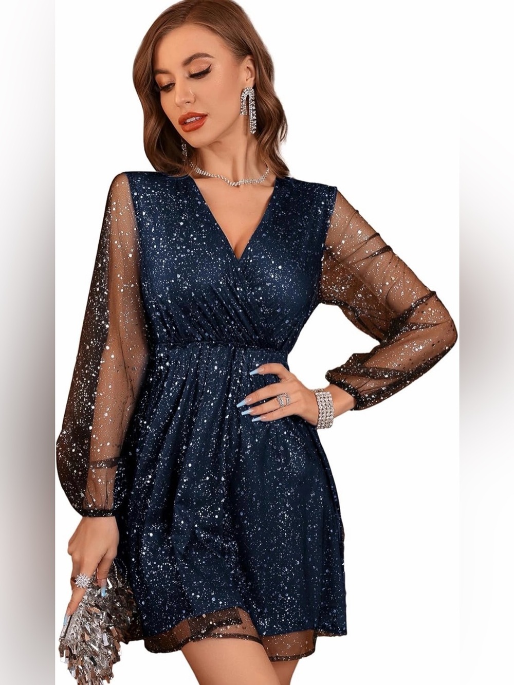 NWOT Floerns Sparkling Navy V-Neck Long Sleeve Party Dress, Medium